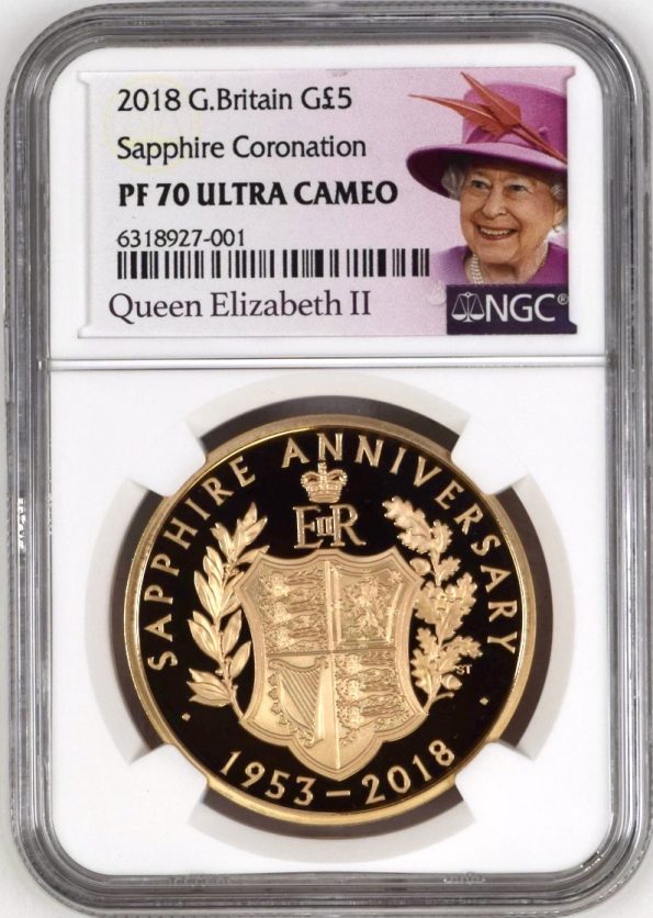 3. 2018 GOLD PROOF FIVE POUNDS (£5) QUEEN ELIZABETH II SAPPHIRE CORONATION