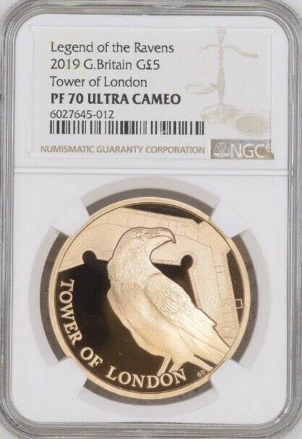 5. 2019 GOLD PROOF FIVE POUNDS LEGEND OF RAVENS TOWER OF LONDON